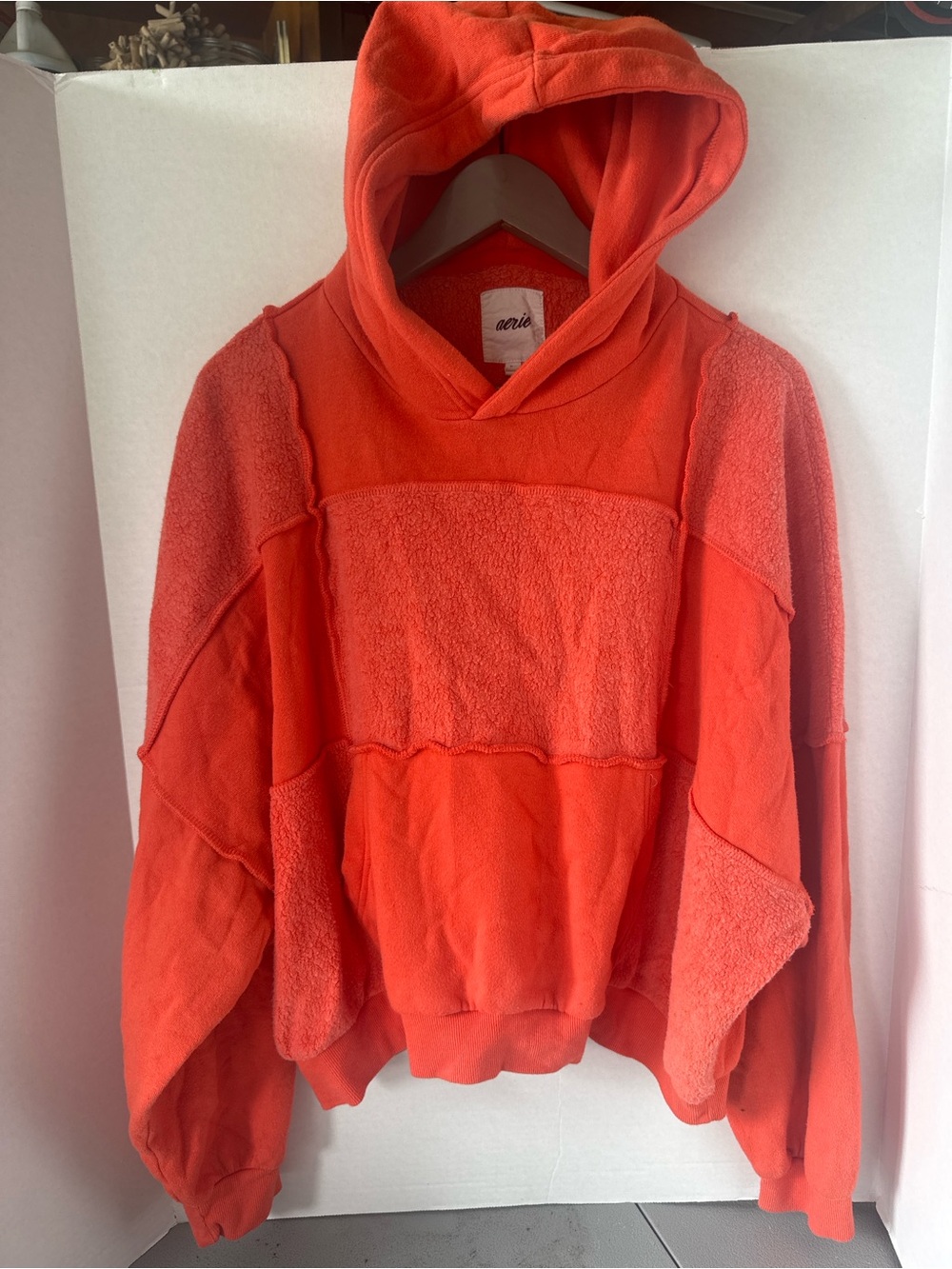 aerie Bright Orange Hooded Patchwork Sweatshirt